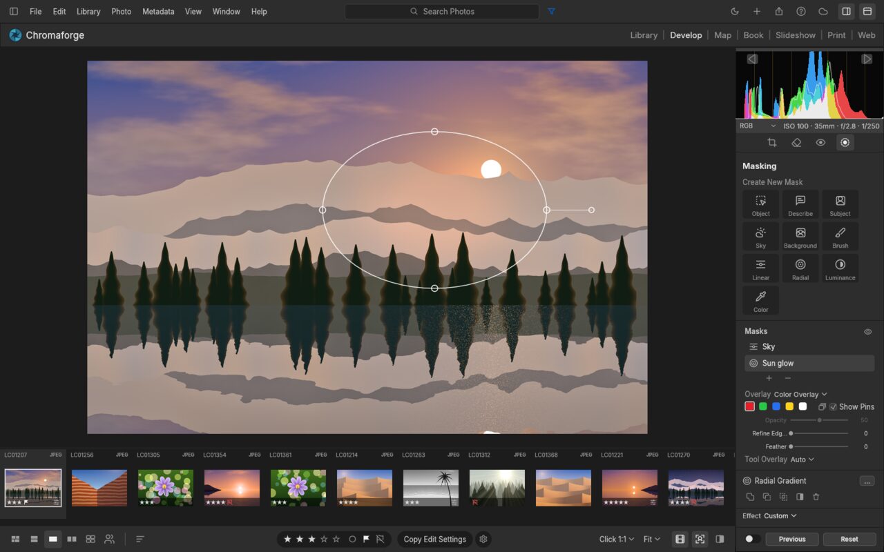 Masking: a radial sun-glow mask over a linear sky mask
